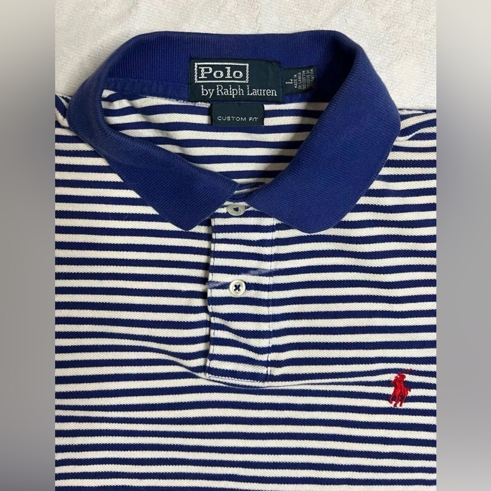 Polo by Ralph Lauren Men’s Custom Fit Sz L Striped Polo Shirt Blue/White A-10
